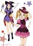  2girls :d absurdres aikatsu! aikatsu!_(series) black_footwear black_hat blonde_hair blue_dress boots corset dress full_body hair_ornament hair_scrunchie hand_on_headwear hat hat_ribbon highres holding holding_wand layered_skirt looking_at_viewer mini_hat miniskirt mole mole_under_eye multiple_girls open_mouth page_number pink_ribbon pink_skirt pleated_skirt pumpkin_hat_ornament purple_ribbon red_eyes red_hat red_scrunchie ribbon scrunchie short_dress short_sleeves skirt smile solo standing star twintails violet_eyes wand white_background witch_hat 
