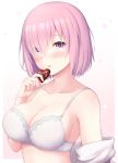  1girl blush bra breasts chacharan chocolate chocolate_heart eyebrows_visible_through_hair eyes_visible_through_hair fate/grand_order fate_(series) hair_over_one_eye heart highres holding lavender_hair looking_at_viewer mash_kyrielight open_mouth pink_hair purple_hair short_hair solo underwear valentine violet_eyes 