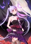  1girl absurdres bare_shoulders black_dress black_legwear breasts caing_zhihuang dark_background detached_collar dragon dress flower hand_on_hip highres long_hair looking_at_viewer purple_dress red_eyes silver_hair small_breasts solo thigh-highs torn_clothes torn_legwear twintails very_long_hair 
