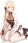  1girl absurdres bare_shoulders beads black_dress black_footwear black_ribbon blonde_hair blush bow bowtie breasts champagne_flute china_dress chinese_clothes cleavage closed_mouth collarbone commentary_request cup dress drink drinking_glass feather_boa flying_sweatdrops girls_frontline hair_ribbon high_heels highres leg_garter long_hair looking_at_viewer ots-14_(girls_frontline) pelvic_curtain ribbon ru_zhai side_slit sidelocks sitting sleeveless sleeveless_dress small_breasts solo thighs very_long_hair wariza yellow_eyes 