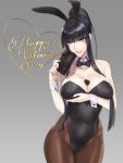  animal_ears bangs bare_shoulders black_hair black_leotard blush bow bowtie box breast_hold breasts brown_eyes brown_legwear bunny_girl chocolate chocolate_heart cleavage covered_navel daglasses detached_collar gift gift_box grey_background heart highleg highleg_leotard highres large_breasts leotard lidia_(daglasses) long_hair looking_at_viewer original pantyhose parted_lips ponytail rabbit_ears sidelocks simple_background smile solo thighs valentine wrist_cuffs 