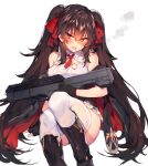  1girl bangs bare_shoulders black_gloves black_hair brown_eyes girls_frontline gloves gun hair_ribbon highres long_hair looking_at_viewer qbz-97 qbz-97_(girls_frontline) ribbon rifle shirt sitting sleeveless sleeveless_shirt soukou_makura thigh-highs torn_clothes twintails very_long_hair weapon white_legwear 