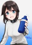  1girl black_hair blue_background blue_eyes bottle dated gradient gradient_background hair_flaps hayasui_(kantai_collection) highres jacket johssnny kantai_collection long_sleeves looking_at_viewer open_mouth short_hair smile solo track_jacket turtleneck twitter_username white_background white_jacket 