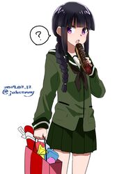  1girl ? bag bangs black_hair blunt_bangs braid dated eclair_(food) green_sailor_collar green_serafuku green_skirt hair_over_shoulder highres johssnny kantai_collection kitakami_(kantai_collection) long_hair open_mouth pleated_skirt purple_hair sailor_collar school_uniform serafuku shopping_bag sidelocks single_braid skirt solo spoken_question_mark standing twitter_username 