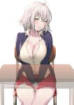  ahoge alternate_costume between_legs blazer blush breasts cleavage collarbone collared_shirt desk fate/grand_order fate_(series) hand_between_legs highres itohana jacket jeanne_d&#039;arc_(alter)_(fate) jeanne_d&#039;arc_(fate)_(all) large_breasts looking_at_viewer miniskirt partially_unbuttoned red_skirt shirt short_hair silver_hair sitting skirt white_shirt yellow_eyes 