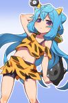  1boy animal_print bike_shorts blue_hair club commentary fukurou_(owl222) hacka_doll hacka_doll_3 highres holding holding_weapon kanabou long_hair midriff navel oni_costume oni_horns setsubun simple_background solo strap_slip trap violet_eyes weapon 