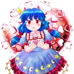  1girl animal_ears arms_up bag blue_dress blue_hair blush chocolate chocolate_heart collarbone commentary_request cowboy_shot crescent crescent_print dress ear_clip eyebrows_visible_through_hair frilled_skirt frills giving heart heart_background highres holding holding_bag kittenup leaning_to_the_side looking_at_viewer low_twintails medium_hair open_mouth puffy_short_sleeves puffy_sleeves rabbit_ears red_eyes seiran_(touhou) shiny shiny_hair short_sleeves skirt solo standing star star_print touhou twintails valentine white_background 