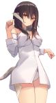  1girl au_ra bangs bare_shoulders black_hair blush breasts cleavage closed_mouth cowboy_shot dragon_girl dragon_horns dragon_tail eyebrows_visible_through_hair final_fantasy final_fantasy_xiv hair_between_eyes hand_up highres horns legs_together long_hair long_sleeves looking_at_viewer medium_breasts panties shirt simple_background smile solo straight_hair tail thighs tota_(sizukurubiks) underwear white_background white_panties white_shirt yellow_eyes 