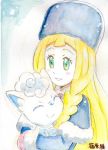  alolan_vulpix blonde_hair blush closed_eyes creatures_(company) fox game_freak green_eyes lillie_(pokemon) nintendo pokemon pokemon_(anime) pokemon_sm_(anime) shinohara_takashi shiron_(pokemon) smile winter_clothes 