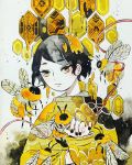  1girl bee black_hair black_nails bug clover expressionless eyebrows_visible_through_hair four-leaf_clover hexagon highres honey insect limited_palette long_sleeves looking_at_viewer maruti_bitamin nail_polish original oversized_insect portrait short_hair solo traditional_media watercolor_(medium) wings yellow_eyes 