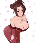  1girl alternate_breast_size bare_shoulders blush breasts brown_hair cleavage collarbone drawfag fuu hair_ornament hair_stick hair_up hand_on_own_breast japanese_clothes kimono large_breasts leaning_forward looking_at_viewer medium_hair older red_kimono samurai_champloo simple_background smile solo standing white_background 