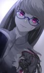  1girl absurdres amputee android asagon007 cyborg damaged glasses highres injury long_hair looking_at_viewer mechanical_arm mechanical_parts monochrome original parts_exposed robot_joints science_fiction solo torn_clothes violet_eyes wire 