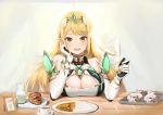  1girl absurdres artist_request bangs bare_shoulders blonde_hair bracelet breast_rest breasts breasts_on_table chocolate_cornet cleavage cleavage_cutout coffee collarbone curry curry_rice earrings feeding food gem gloves headpiece highres mythra_(xenoblade) jewelry large_breasts long_hair looking_at_viewer milk nintendo open_mouth picture_(object) picture_frame plate rice saozakana sitting smile solo spoon sunlight swept_bangs tiara tray very_long_hair white_gloves window xenoblade_(series) xenoblade_2 yellow_eyes 