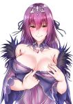 1girl bare_shoulders blush breasts character_request cleavage fate/grand_order fate_(series) hair_between_eyes highres large_breasts licking_lips long_hair red_eyes scathach_(fate)_(all) self_shot solo tongue tongue_out upper_body white_background yuu-kun_(linke_hand) 