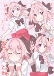  1boy astolfo_(fate) bow braid carnival_phantasm fate/apocrypha fate_(series) hair_bow highres p_answer parody pink_hair smile super_affection translation_request trap violet_eyes 