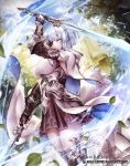  1girl bangs blue_sky blunt_bangs breasts brown_skirt capelet castle company_name dual_wielding dutch_angle eyepatch gauntlets holding holding_sword holding_weapon looking_at_viewer medium_breasts motion_blur nabe_(crow&#039;s_head) official_art outdoors silver_hair skirt sky solo standing sword thigh-highs tree watermark weapon white_capelet 