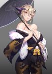  1girl artoria_pendragon_(all) artoria_pendragon_(lancer_alter) bangs bare_shoulders black_kimono blonde_hair braid breasts cleavage fate/grand_order fate_(series) french_braid fur_trim gradient gradient_background grey_background hair_between_eyes hair_bun highres holding holding_umbrella japanese_clothes kaiend kimono large_breasts lion_print looking_at_viewer no_bra obi off_shoulder open_mouth oriental_umbrella platinum_blonde_hair pom_pom_(clothes) sash solo spikes umbrella wide_sleeves yellow_eyes 