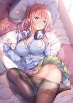  1girl bangs bed bed_sheet blue_cardigan blue_eyes blush breasts cardigan cleavage closed_mouth commentary_request eyebrows_visible_through_hair go-toubun_no_hanayome hair_between_eyes headphones headphones_around_neck highres indoors large_breasts long_sleeves looking_at_viewer lying nakano_miku on_back pantyhose pillow pink_hair shiny shiny_hair shiny_skin shirt skirt solo thighs undressing white_shirt yuriko 