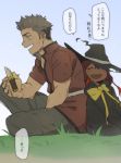  1boy 1girl absurdres back-to-back bow broken broken_weapon cloak grass grey_hair hat highres long_hair majo_shuukai_de_aimashou original popped_collar redhead resting sitting smile st05254 sword translation_request weapon witch witch_hat yellow_bow 