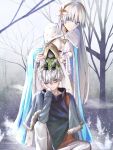  1boy 1girl anastasia_(fate/grand_order) bent_over blue_cape blue_capelet blue_eyes breasts cape capelet cleavage clouds cloudy_sky doll dress eyebrows_visible_through_hair fate/grand_order fate_(series) fur-trimmed_capelet fur_cape fur_trim hair_between_eyes hair_over_eyes hairband head_rest highres kadoc_zemlupus long_dress long_hair medium_breasts one_eye_closed orange_eyes oriuo_q outdoors pants red_shirt shirt silver_hair sitting sky smile standing tree very_long_hair white_capelet white_dress white_pants yellow_hairband 