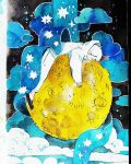  androgynous black_footwear closed_eyes clouds crater full_body full_moon highres hood hoodie lying maruti_bitamin moon on_stomach original pants profile shoes short_hair solo star traditional_media watercolor_(medium) white_hair white_hoodie white_pants yellow_moon 