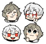  2boys :3 ahoge bangs bkub blue_eyes blush blush_stickers closed_eyes commentary constricted_pupils dot_pupils eyebrows_visible_through_hair fangs grey_hair hair_between_eyes hair_ornament hairclip hands_clasped highres interlocked_fingers kanae_(nijisanji) kuzuha_(nijisanji) messy_hair mole mole_under_eye multiple_boys multiple_views nijisanji no_pupils nose_bubble open_mouth own_hands_together pointy_ears portrait red_eyes short_hair simple_background smile sparkling_eyes swept_bangs v-shaped_eyebrows white_background white_hair 