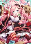  1girl :d akkijin aqua_eyes black_dress breasts brown_hat cake candy card_(medium) chocolate cookie doughnut dress food hat heart large_breasts long_hair looking_at_viewer official_art open_mouth pink_hair polearm red_ribbon ribbon shinkai_no_valkyrie smile striped striped_ribbon thigh-highs trident twintails weapon 