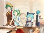  4girls :d ^_^ antennae apron ascot asutora bangs black_cape blue_bow blue_dress blue_eyes blue_hair blue_shorts blush bow bowl breasts brown_apron cape cirno closed_eyes closed_eyes commentary_request cowboy_shot daiyousei dress eyebrows_visible_through_hair fairy_wings green_apron green_eyes green_hair hair_between_eyes hair_bow hand_up head_scarf holding holding_bowl index_finger_raised indoors kazami_yuuka large_breasts long_sleeves looking_at_another measuring_cup medium_breasts mixing_bowl multiple_girls one_side_up open_mouth pinafore_dress plaid plaid_skirt plaid_vest red_skirt red_vest shirt short_hair short_sleeves shorts skirt skirt_set smile standing touhou upper_body v-shaped_eyebrows vest weighing_scale whisk white_shirt wings wriggle_nightbug yellow_neckwear 
