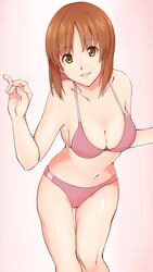  1girl ass_visible_through_thighs bangs bikini breasts cleavage collarbone commentary egooo eyebrows_visible_through_hair girls_und_panzer head_tilt leaning_forward legs looking_at_viewer medium_breasts navel nishizumi_miho parted_lips pink_background pink_bikini short_hair skindentation smile solo standing string_bikini swimsuit thigh_gap w_arms 