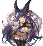  1girl ;d alpha_transparency animal_ears bangs bare_shoulders bell black_gloves black_hair black_legwear blunt_bangs blush breasts chocolate chocolate_heart erune fang fox_ears fox_tail fur fur_trim gloves granblue_fantasy hair_bell hair_ornament heart heart_hands jingle_bell large_breasts long_hair looking_at_viewer minaba_hideo navel official_art one_eye_closed open_mouth red_eyes revealing_clothes smile solo tail thigh-highs transparent_background valentine very_long_hair yuel_(granblue_fantasy) 