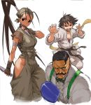 &gt;:o 2girls antenna_hair baggy_pants bandanna belt black_belt black_hair bow bowtie boxing boxing_gloves bra choker closed_mouth collared_shirt covered_mouth dark_skin dark_skinned_male dougi dual_wielding dudley facial_hair fighting_stance hair_pulled_back hands_up hip_vent holding holding_weapon ibuki_(street_fighter) kunai long_hair looking_at_viewer makoto_(street_fighter) morisawa_haruyuki multiple_girls muscle mustache ninja open_mouth pants red_bra ribbon_choker serious shirt short_hair simple_background sports_bra standing street_fighter street_fighter_iii_(series) suspenders tomboy underwear very_long_hair weapon white_background white_shirt 