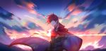  1boy absurdres arm_guards cloak clouds elsword elsword_(character) eyebrows_visible_through_hair gem highres knight_emperor_(elsword) red_eyes redhead sky sunlight yumuto_(spring1786) 