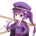  1girl bangs belt belt_buckle blush breasts buckle caution_tape collared_shirt commentary_request eyebrows_visible_through_hair gloves gochuumon_wa_usagi_desu_ka? goth_risuto hair_between_eyes hair_ornament hairclip hand_on_hip hat holding jacket keep_out long_hair long_sleeves looking_away necktie parted_lips peaked_cap pink_neckwear purple_hair purple_hat purple_jacket red_belt shirt simple_background small_breasts solo tedeza_rize twintails upper_body v-shaped_eyebrows very_long_hair violet_eyes white_background white_gloves white_shirt 