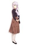  1girl bag black_footwear black_shirt blush brown_skirt casual emilia_(re:zero) full_body hair_over_shoulder handbag head_tilt hidaka_kouyou highres long_hair long_skirt long_sleeves looking_at_viewer pleated_skirt pointy_ears pumps re:zero_kara_hajimeru_isekai_seikatsu shado shirt silver_hair simple_background skirt smile solo standing very_long_hair violet_eyes white_background 