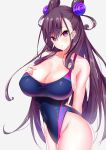  1girl arm_behind_back bangs bare_arms bare_shoulders black_hair blue_swimsuit blush breasts cleavage collarbone competition_swimsuit covered_navel cowboy_shot double_bun eyebrows_visible_through_hair fate/grand_order fate_(series) from_side grey_background groin hair_between_eyes hair_ornament hand_on_own_chest head_tilt highleg highleg_swimsuit highres hip_focus large_breasts long_hair looking_at_viewer murasaki_shikibu_(fate) one-piece_swimsuit parted_lips sankakusui shiny shiny_hair sideboob sidelocks simple_background skin_tight slit_pupils solo standing swimsuit taut_clothes thighs two_side_up very_long_hair violet_eyes 