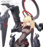  1girl alternate_costume alternate_hair_length alternate_hairstyle blonde_hair bodysuit cross ex-rumia halo highres mecha_musume mechanical_halo mechanical_wings red_eyes rumia solo touhou wings yingyingying 