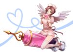  1girl aerith_gainsborough alternate_costume breasts brown_hair buttons closed_mouth dress final_fantasy final_fantasy_vii full_body green_eyes hair_intakes hands_up hat heart heart_hands heart_of_string long_hair medium_breasts nurse nurse_cap oversized_object pink_dress pink_footwear pink_hat puffy_short_sleeves puffy_sleeves sasanomesi short_dress short_sleeves smile solo syringe thigh-highs white_background white_legwear white_wings wings 