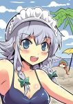  2girls beach bikini blue_eyes blue_sky blush_stickers bow braid breasts circle_cut cleavage clouds colonel_aki commentary_request hair_between_eyes hair_bow hat hong_meiling izayoi_sakuya maid_headdress medium_breasts multiple_girls open_mouth palm_tree redhead sand shiny shiny_skin silver_hair sky smile swimsuit touhou tree twin_braids umbrella water 