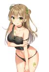 1girl :q ahoge bangs black_choker black_panties blush bodypaint bow breasts brown_hair camisole choker cleavage closed_eyes cowboy_shot double_bun eyebrows_visible_through_hair girls_frontline green_bow green_eyes hair_bow hand_on_own_thigh leaning_forward long_hair looking_at_viewer medium_breasts navel noboru_(kamine204136) panties rfb_(girls_frontline) simple_background skindentation smile solo strap_slip tongue tongue_out underwear underwear_only w white_background 