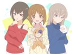  3girls :d bandage bangs black_shirt blue_eyes blue_sweater boko_(girls_und_panzer) brown_eyes brown_hair casual closed_mouth coffee_mug commentary cup eyebrows_visible_through_hair girls_und_panzer head_tilt holding holding_cup holding_stuffed_animal itsumi_erika kakuzatou_(boxxxsugar) light_blush light_frown lips long_hair long_sleeves looking_at_viewer mug multiple_girls nishizumi_maho nishizumi_miho off-shoulder_sweater open_mouth red_sweater ribbed_sweater shirt short_hair siblings side-by-side silver_hair sisters sketch smile standing stuffed_animal stuffed_toy sweater tank_top teddy_bear turtleneck upper_body yellow_sweater 