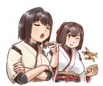  2girls aircraft airplane bowl brown_eyes brown_hair closed_eyes commentary_request cropped_torso crossed_arms e16a_zuiun feeding hair_intakes hair_ribbon hyuuga_(kantai_collection) ise_(kantai_collection) japanese_clothes kantai_collection karasu_(naoshow357) multiple_girls open_mouth ponytail remodel_(kantai_collection) ribbon short_hair short_ponytail simple_background spoon undershirt upper_body white_background 