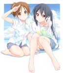  2girls animal_print beach black_hair blue_skirt breasts brown_eyes brown_hair casual closed_mouth clouds collarbone day dresstrip eyebrows_visible_through_hair fish_print hair_between_eyes hand_up hirasawa_ui k-on! knees_together_feet_apart knees_up leaf_print long_hair looking_at_viewer multiple_girls nakano_azusa ocean outdoors outstretched_arm ponytail salute seiza shirt shore short_hair short_sleeves sitting skirt sky smile twintails two-finger_salute v water white_shirt 