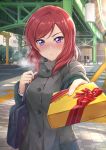  3girls bag bangs blush chocolate coat commentary condensation eyebrows_visible_through_hair full-face_blush highres hoshizora_rin koizumi_hanayo long_sleeves looking_at_viewer love_live! love_live!_school_idol_project multiple_girls nishikino_maki overpass redhead shamakho short_hair shoulder_bag tsundere valentine violet_eyes 