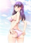  1girl adjusting_clothes adjusting_swimsuit arino_hiroshi ass bikini blue_sky blush butt_crack clouds commentary_request cowboy_shot day emiya-san_chi_no_kyou_no_gohan fate/hollow_ataraxia fate/stay_night fate_(series) from_behind hair_ribbon heaven&#039;s_feel highres long_hair matou_sakura open_mouth outdoors purple_hair red_ribbon ribbon side-tie_bikini sky solo swimsuit upper_teeth violet_eyes 