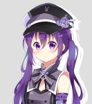  1girl armband bangs bare_shoulders black_hat blush closed_mouth commentary_request deyui drop_shadow eyebrows_visible_through_hair gochuumon_wa_usagi_desu_ka? grey_background grey_shirt hair_between_eyes hat highres long_hair peaked_cap purple_hair shirt sleeveless sleeveless_shirt smile solo tedeza_rize twintails upper_body violet_eyes 