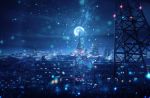  1girl blue building city city_lights cityscape clouds commentary_request fantasy from_side full_moon highres kenzo_093 light_particles long_hair moon night night_sky original outdoors radio_tower scenery sky skyscraper solo standing star_(sky) starry_sky tower very_wide_shot 