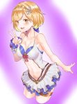  1girl absurdres bare_shoulders blonde_hair bow breasts collarbone djeeta_(granblue_fantasy) frilled_swimsuit frills granblue_fantasy hair_ornament hairband halterneck highres looking_at_viewer medium_breasts ohihil open_mouth short_hair swimsuit thigh_strap v 