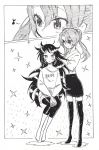  2girls comic greyscale hair_ribbon japanese_clothes kantai_collection katsuragi_(kantai_collection) long_hair monochrome multiple_girls musical_note ribbon sayonara444 shirt sparkle thigh-highs traditional_media twintails zuikaku_(kantai_collection) 