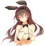  1girl animal_ears bangs bare_arms bare_shoulders black_bikini_top black_bow black_hairband black_neckwear blush bow bowtie breast_hold breasts brown_eyes brown_hair chinese_commentary commentary_request cropped_torso detached_sleeves eyebrows_visible_through_hair fake_animal_ears hairband happy_valentine large_breasts long_hair looking_at_viewer original parted_lips rabbit_ears shangguan_feiying simple_background solo upper_body white_background wrist_cuffs 