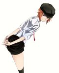  1girl arms_behind_back black_hat black_legwear black_shorts brown_hair daisu hands_together hat highres ibuki_tsubasa idolmaster idolmaster_million_live! leaning_forward looking_at_viewer necktie red_eyes red_neckwear shirt short_hair short_shorts shorts simple_background smile solo white_background white_shirt 